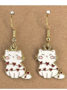 18k Gold Plated Hook Dangle Cat with Hearts Earrings Fashion Jewelry